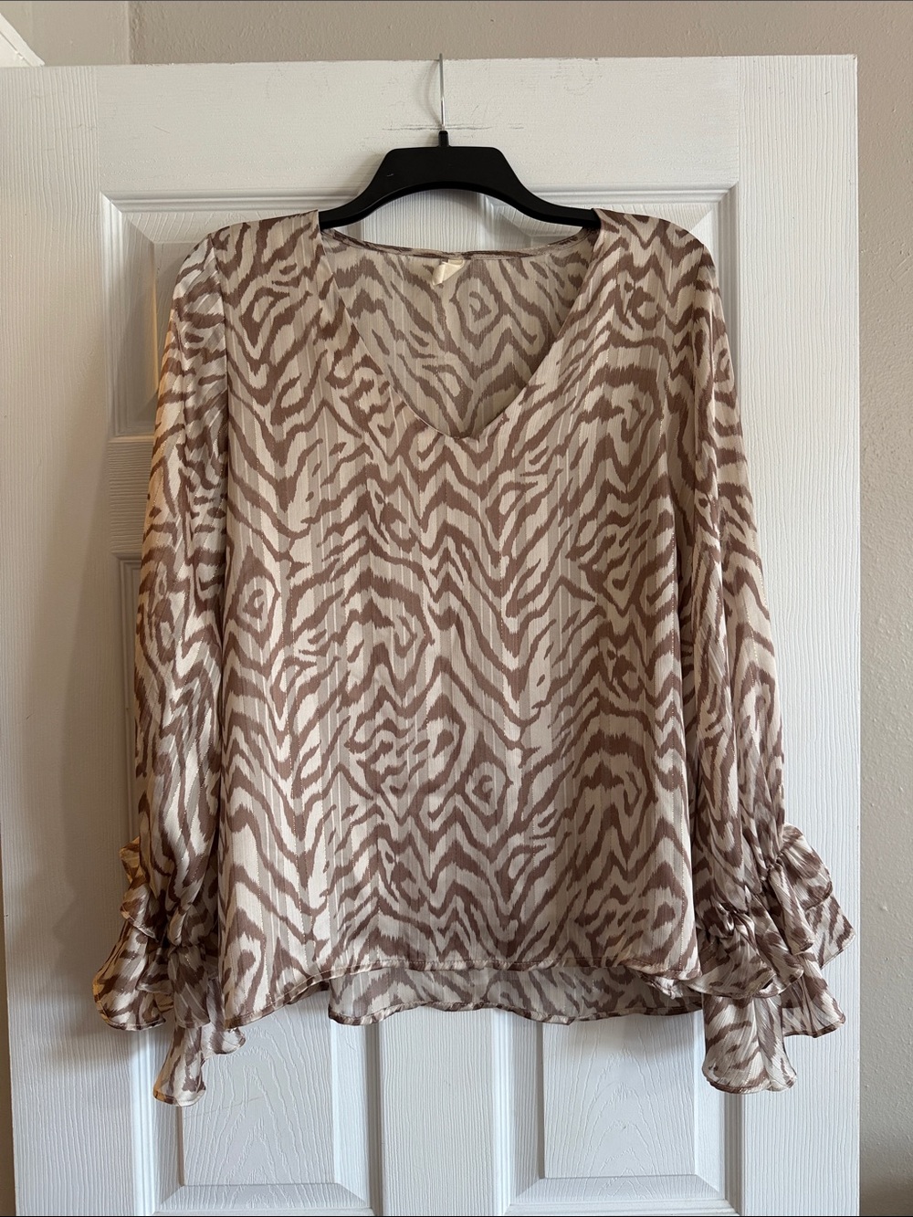 Women's V-Neck Animal Print Blouse in Taupe and Cream